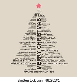 Christmas Tree Shape From Letters - Typographic Composition - Merry Christmas In Different Languages