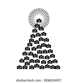 Christmas Tree Shape Made of Camera Icons. Photo Camera Xmas Spruce Silhouette