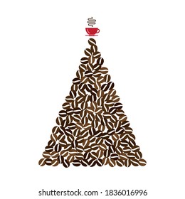 Christmas Tree Shape Made of Coffee Beans Icons. Coffee Bean Signs and Xmas Spruce Silhouette, New Year Cafe Concept