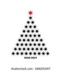 Christmas Tree Shape Made of Coronavirus Icons. Xmas Spruce Silhouette and COVID-19 Symbols, Skeptical Pandemic Greeting Card, Black Humor Concept