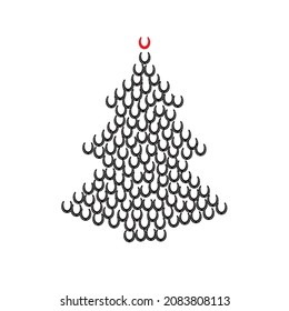 Christmas Tree Shape Made of Extraterrestrial Icons. Xmas Spruce Silhouette and Horseshoes, Good Luck in New Year Greeting Card Concept