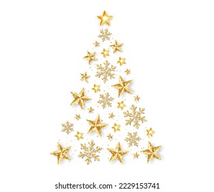 Christmas tree shape made of golden glitter stars and snowflakes. Holiday decoration isolated on white. Christmas tree composition for sale banners, gift tags, party posters.