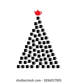 Christmas Tree Shape Made of Green Tea Leaves and Red Cups Icons. Hot Drink Signs and Xmas Spruce Silhouette, New Year Beverage Concept