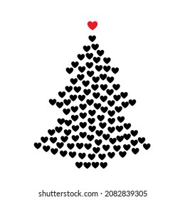 Christmas Tree Shape Made of Heart Icons. Hearts Love Signs and Xmas Spruce Silhouette, New Year Passion Concept