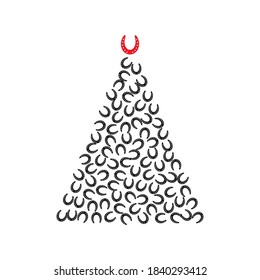 Christmas Tree Shape Made of Horse Shoe Icons. Xmas Spruce Silhouette and Horseshoes, Good Luck in New Year Greeting Card Concept