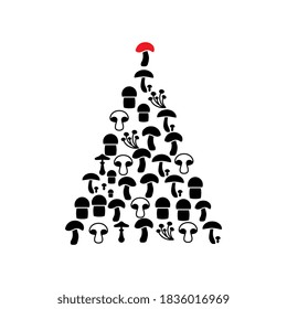 Christmas Tree Shape Made of Mushroom Icons. Fngus Signs and Xmas Spruce Silhouette, New Year Mushroom Vegetarian Restaurant Concept
