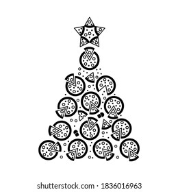 Christmas Tree Shape Made of Round Pizza Icons. Pizzeria and Xmas Spruce Silhouette