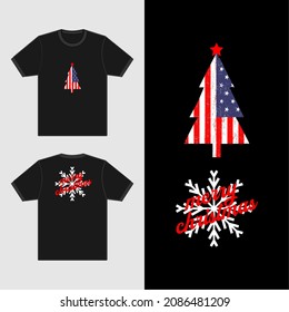 Christmas Tree Shape on American Flag Design, Grunge USA Flag with Christmas Design, Merry Christmas Clothing Design Illustration