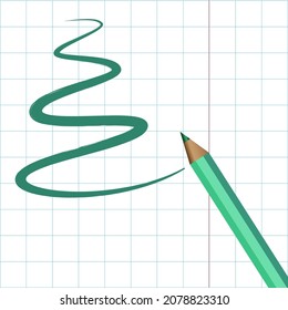forma de árbol de navidad y lápiz en la hoja del libro de copia
