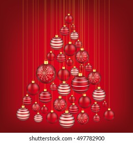 Christmas tree shape with red baubles on the red background. Eps 10 vector file.