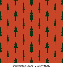 Christmas tree shape seamless pattern. Pine tree, evergreen, forest trees on red isolated background. Festive minimalistic winter doodle vector illustration for holidays and wrapping paper. EPS 10.