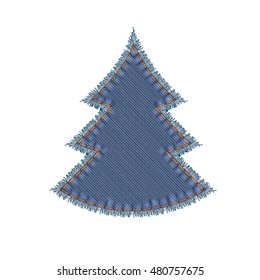 Christmas Tree Shape Vector Photo Realistic Torn Denim Patch Isolated On White