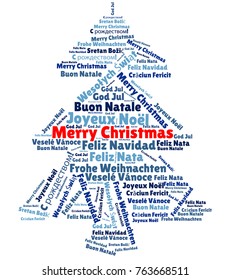 Christmas tree shaped cloud with typographic word collage of "Merry Christmas" in different languages. Concept for Christmas celebrations