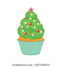 Christmas tree shaped cupcake isolated on white background. Muffin with green whipped cream decorated with colorful sprinkles. Festive dessert vector cartoon illustration.