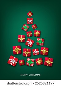 Cajas de regalo en forma de árbol de Navidad con arco verde, rojo, blanco y dorado. Fiesta de año Nuevo, Plantilla de tarjeta de felicitación de Navidad. Fondo de vacaciones de invierno de Vector.