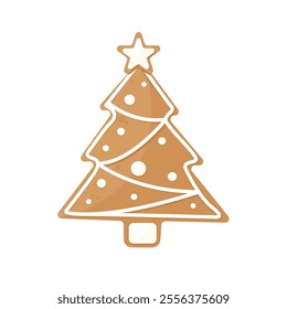 Christmas tree shaped Gingerbread Cookie with decorative icing. Traditional Christmas holiday cookies. Isolated a white background for card, postcard, cover. EPS 10 