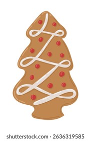 Christmas tree shaped gingerbread cookie with red dots and white icing in festive style. Concept of holiday sweets, seasonal baking and decorative Christmas treats