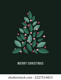 Christmas tree shaped with leaf, Merry Christmas, vector, greeting card, social media post, banner, poster, flyer, decoration card, invitation card, Merry Christmas typography, holiday wish card