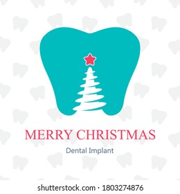 Christmas tree shaped tooth and implant icon with red star. Flat style. Concept for Christmas card, web banner or invitation 