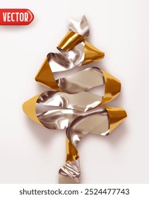 Christmas tree shapes made from satin ribbon gold and silver colors. Realistic 3d design festive decorative element for New Year and Christmas. Vector illustration