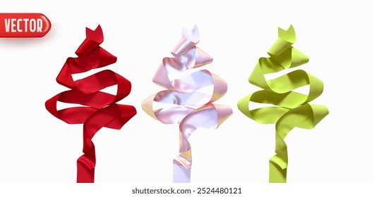Christmas tree shapes made from satin ribbon soft hologram and red green colors. Set of Realistic 3d design festive decorative element for New Year and Christmas. Vector illustration