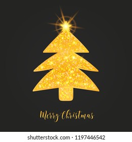 Christmas tree, shining star, golden gritter design, calligraphic text on black background.