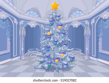 Christmas tree with a shining star on blue palace interior with candles and arches background 