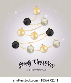 Christmas tree with shiny balls and beads. Vector 3d realistic. greeting card. Merry Christmas and Happy New Year. Beautiful text. Holiday creative composition in modern style. EPS10.