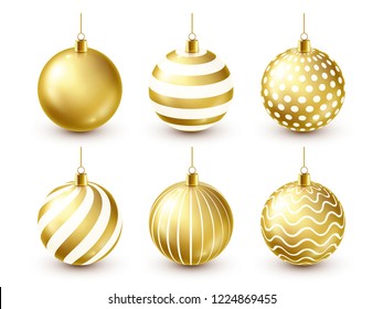 Christmas Tree Shiny Golden Balls Set. New Year Decoration. Winter Season. December Holidays. Greeting Gift Card Or Banner Element.