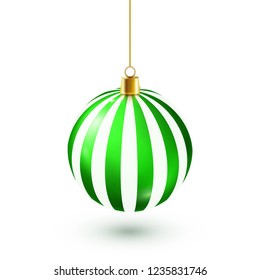 Christmas Tree Shiny Green Ball. New Year Decoration. Winter Season. December Holidays. Greeting Gift Card Or Banner Element.