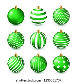 Christmas Tree Shiny Green Balls Set. New Year Decoration. Winter Season. December Holidays. Greeting Gift Card Or Banner Element.