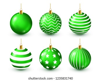 Christmas Tree Shiny Green Balls Set. New Year Decoration. Winter Season. December Holidays. Greeting Gift Card Or Banner Element.
