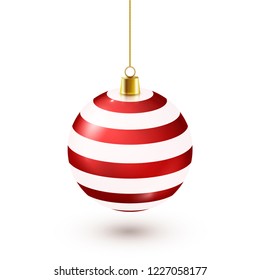 Christmas Tree Shiny Red Ball. New Year Decoration. Winter Season. December Holidays. Greeting Gift Card Or Banner Element.