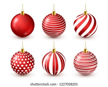 Christmas Tree Shiny Red Balls Set. New Year Decoration. Winter Season. December Holidays. Greeting Gift Card Or Banner Element.