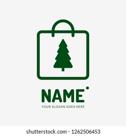 Christmas tree and shopping bag. Vector logo design. Business concept icon.