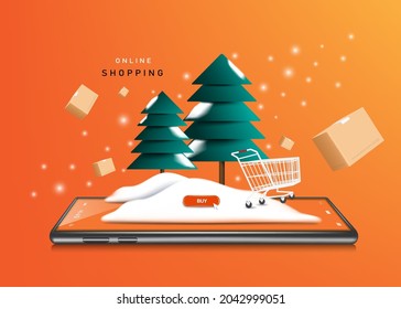 Christmas tree, shopping cart, snow and buy icon placed on a smartphone and parcel boxes and snowflakes floating around for online shopping christmas concept,vector 3d on orange background