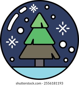 A Christmas tree is shown in a blue circle with snowflakes falling around it. The tree is green and brown, and it is surrounded by a blue background. Concept of warmth and holiday cheer