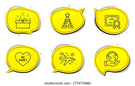 Christmas tree sign. Diploma certificate, save planet chat bubbles. Airplane travel, Present box and Be sweet line icons set. Trip flight, Sale offer, Love sweetheart. Spruce. Holidays set. Vector