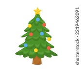 Christmas Tree Sign Emoji Icon Illustration. Holidays Decoration Vector Symbol Emoticon Design Clip Art Sign Comic Style.