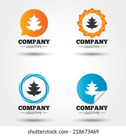 Christmas tree sign icon. Holidays button. Business abstract circle logos. Icon in speech bubble, wreath. Vector