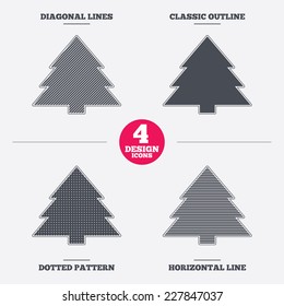 Christmas tree sign icon. Holidays button. Diagonal and horizontal lines, classic outline, dotted texture. Pattern design icons.  Vector