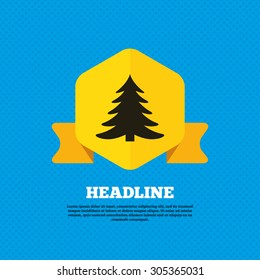 Christmas tree sign icon. Holidays button. Yellow label tag. Circles seamless pattern on back. Vector