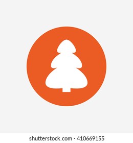 Christmas tree sign icon. Holidays button. Orange circle button with icon. Vector