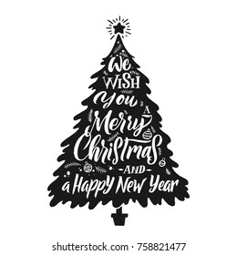 Christmas tree silhouette. Calligraphic card. Merry Christmas and happy new year congratulations. Vector greeting illustration