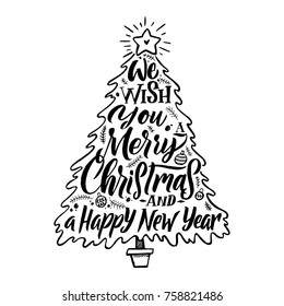 Christmas tree silhouette. Calligraphic card. Merry Christmas and happy new year congratulations. Vector greeting illustration