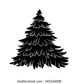 Christmas tree silhouette, cartoon design for card,  icon, symbol. Winter vector illustration isolated on white background.