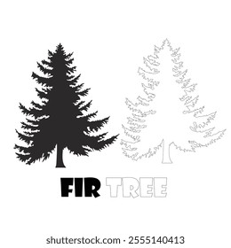 Christmas Tree Silhouette, Contours and. Christmas Spruce Fir Tree Black Silhouette, Contours and Inscriptions Isolated on White Background. Vector