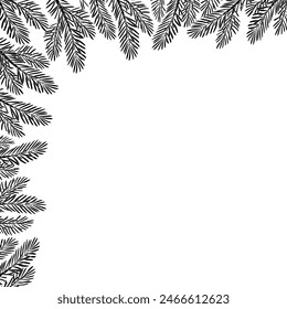 Christmas tree silhouette corner frame decoration. Fir tree branches, Pine, spruce branch. Hand drawn doodle style vector illustration. For New year, winter season headers, cards, party posters.