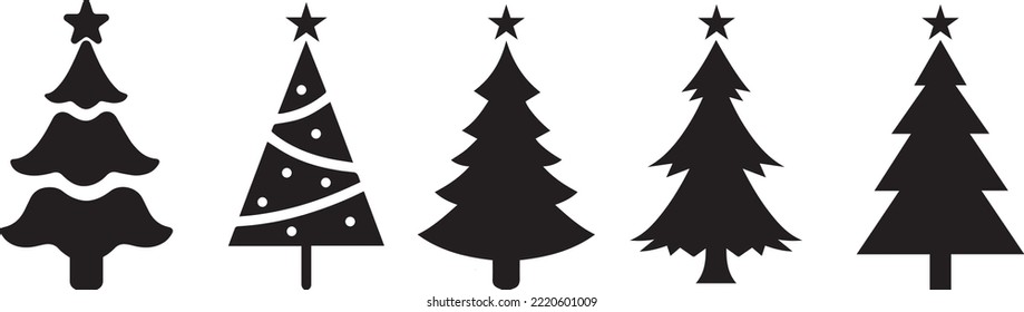 Silueta de árbol de Navidad con decoración. Los árboles de Navidad de fondo. Icono de árbol de navidad aislado con estrella. colección de árboles de invierno para vacaciones Navidad y año nuevo