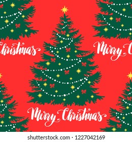 Christmas tree silhouette with decorations, vector seamless pattern, holiday background, template for design, greeting card, invitation.